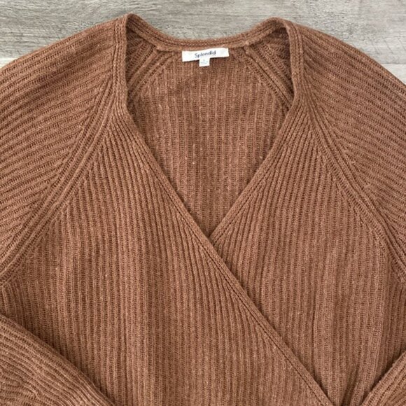 Splendid Adele Wrap Tie Knit Sweater Large Brown Ribbed Surplice VNeck Cashblend - Picture 5 of 9